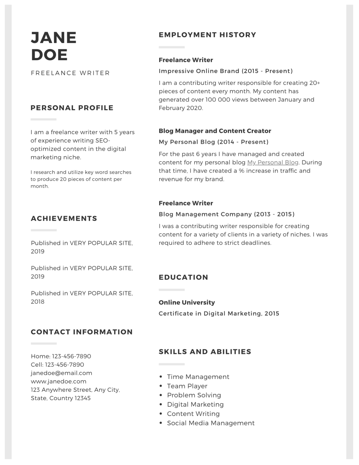 resume for freelance writer sample