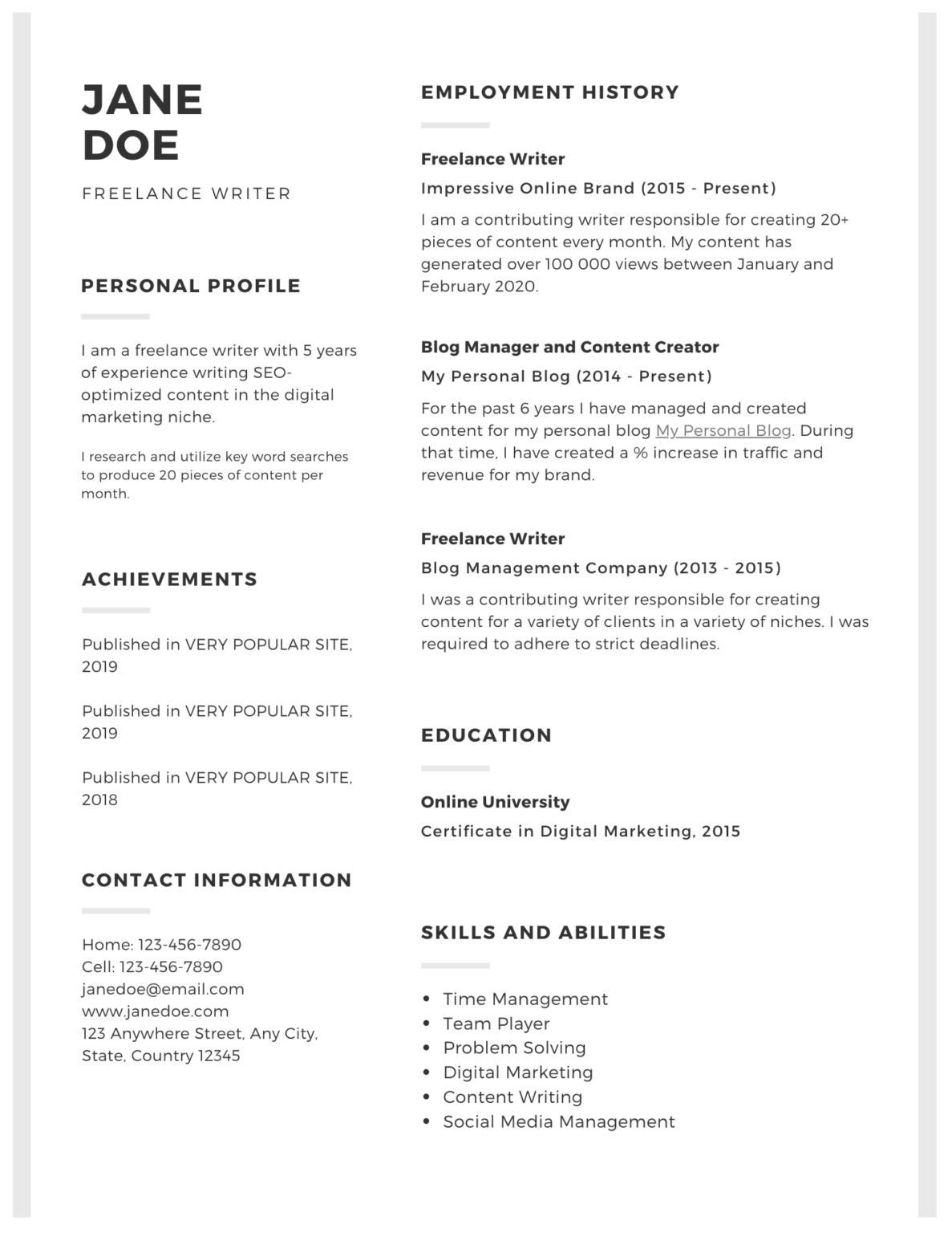 freelance writing skills for resume